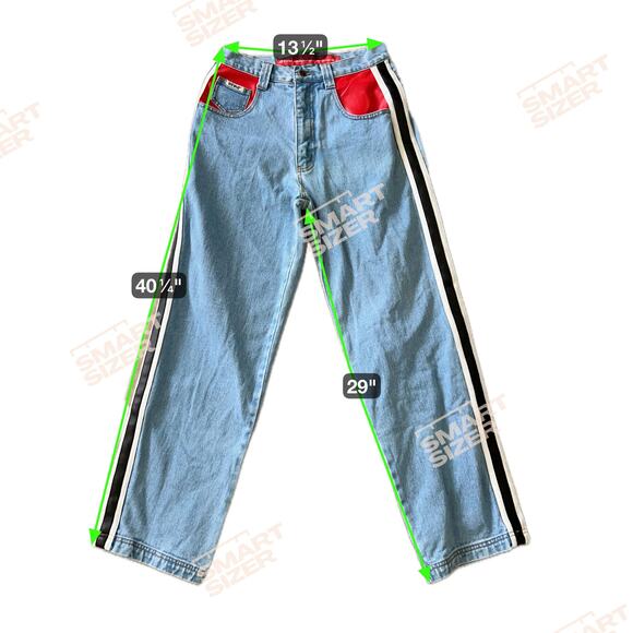 Vintage Revolt Jeans Faux Leather Trip 1990s Racing Stripe Red Sz 9 Denim Light - Picture 7 of 7